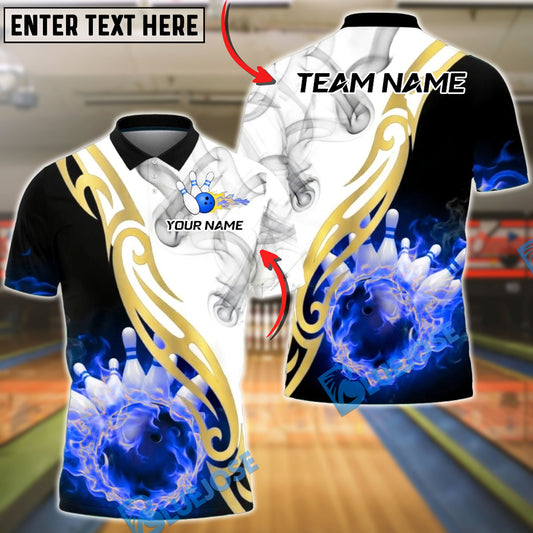 BlueJose Bowling And Pins White Fire Smoke Golden Tribal Customized Name, Team Name 3D Shirt (4 Colors)