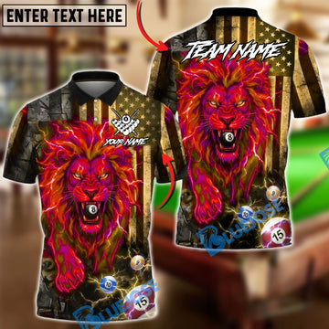 BlueJose Billiards 8 Ball Fire Lion USA Flag Personalized Name, Team Name Unisex Shirt (6 Colors)