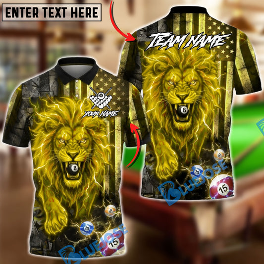 BlueJose Billiards 8 Ball Fire Lion USA Flag Personalized Name, Team Name Unisex Shirt (6 Colors)