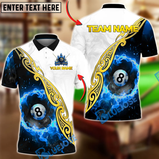 BlueJose Billiards 8 Ball White Gold Fire Personalized Name, Team Name Unisex Shirt (4 Colors)