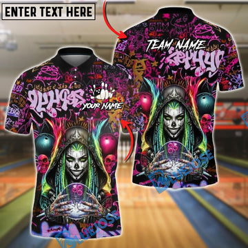 BlueJose Bowling And Pins Reaper Neon Graffiti Skull Girl Customized Name, Team Name 3D Shirt (4 Colors)