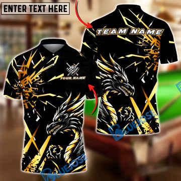 BlueJose Billiards 8-Ball Golden Dragon Black Lightning Strike Customized Name, Team Name 3D Shirt (6 Colors)