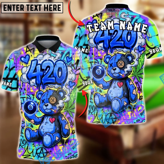 BlueJose Billiards 8-Ball 420 Bear Graffiti Rainbow Personalized Name, Team Name Unisex Shirt (4 Colors)