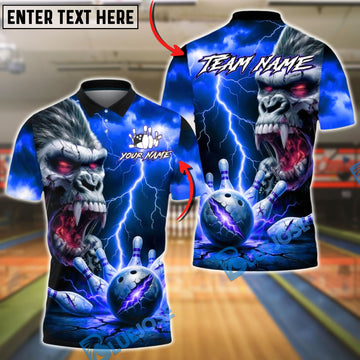 BlueJose Bowling Gorilla Demon Skull Lightning Design Customized Name, Team Name 3D Shirt (4 Colors)