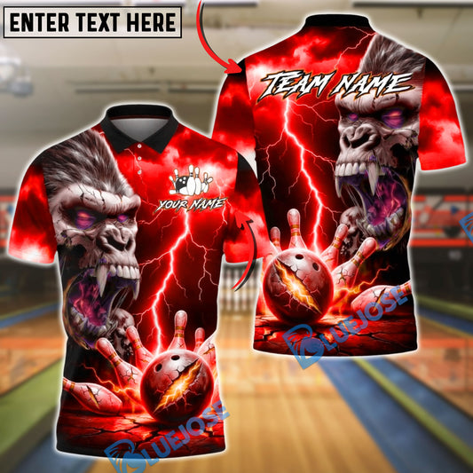 BlueJose Bowling Gorilla Demon Skull Lightning Design Customized Name, Team Name 3D Shirt (4 Colors)