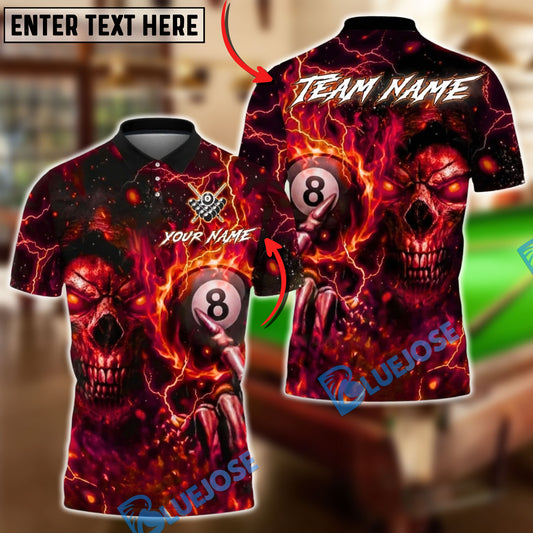 BlueJose Billiards 8-Ball Skull Lightning Customized Name, Team Name 3D Shirt (4 Colors)