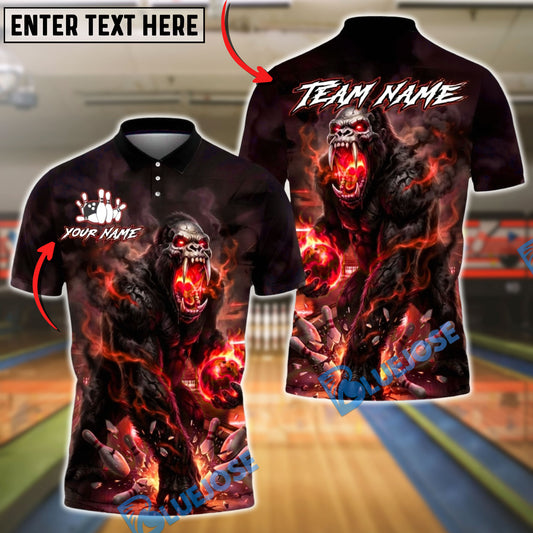 BlueJose Bowling Gorilla Fire Smoke Design Customized Name, Team Name 3D Shirt (4 Colors)