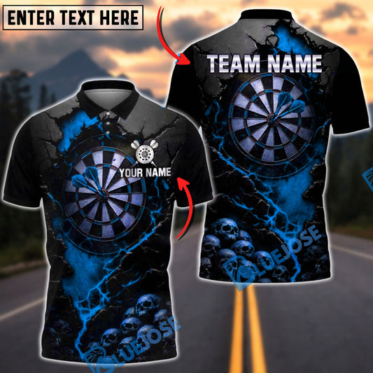 BlueJose Darts Dark Skull Cracked Dartboard Gothic Fire Art Multicolor Options Personalized Name Shirt (4 Colors)