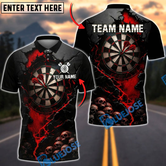 BlueJose Darts Dark Skull Cracked Dartboard Gothic Fire Art Multicolor Options Personalized Name Shirt (4 Colors)