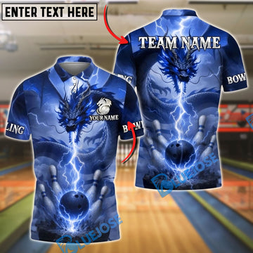 BlueJose Bowling And Pins Dragon Lightning Storm Customized Name, Team Name 3D Shirt (4 Colors)