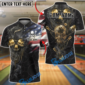BlueJose Bowling And Pins Skull American Flag Melting Golden Pins Customized Name, Team Name 3D Shirt