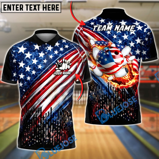 BlueJose Bowling USA Flag Flaming Strike Bowling Ball Patriotic Design Personalized Name, Team Name 3D Shirt