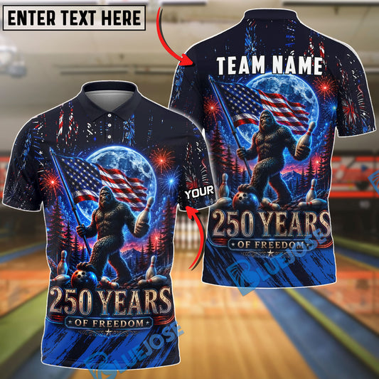 BlueJose Bowling Bigfoot American Flag 250 Years Freedom Design Customized Name, Team Name 3D Shirt