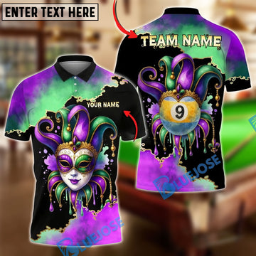 BlueJose Billiards Ball 9 Mardi Gras Mask Customized Name, Team Name 3D Shirt