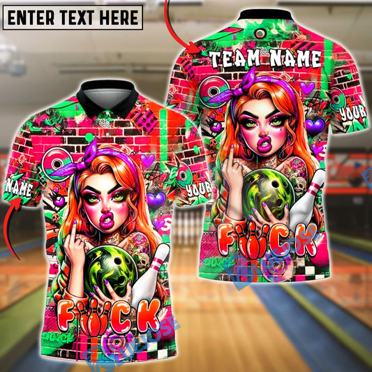 BlueJose Bowling & Pins Punk Girl Graffiti Wall Bowling Ball Tattoo Style Customized Name, Team Name 3D Shirt (6 Colors)