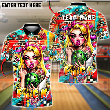 BlueJose Bowling & Pins Punk Girl Graffiti Wall Bowling Ball Tattoo Style Customized Name, Team Name 3D Shirt (6 Colors)