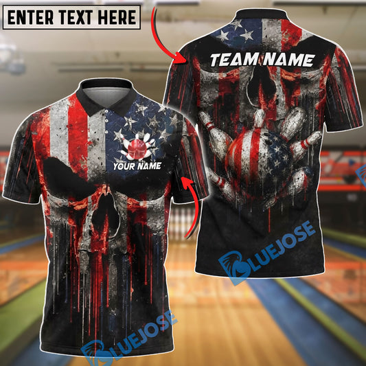 BlueJose Bowling Melt Grunge American Flag Punisher Skull Ball Pins Design Customized Name, Team Name 3D Shirt