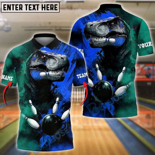 BlueJose Bowling & Pins Dinosaur Smash Design Customized Name, Team Name 3D Shirt (4 Colors)
