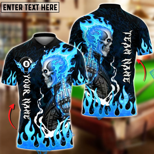 BlueJose Billiards Ball 8 Flaming Biker Skull Middle Finger Customized Name, Team Name 3D Shirt (4 Colors)