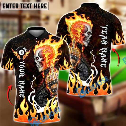 BlueJose Billiards Ball 8 Flaming Biker Skull Middle Finger Customized Name, Team Name 3D Shirt (4 Colors)