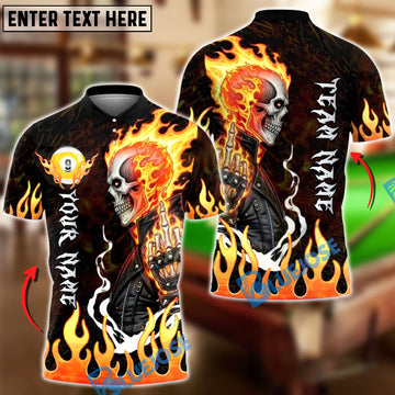BlueJose Billiards Ball 9 Flaming Biker Skull Middle Finger Customized Name, Team Name 3D Shirt (4 Colors)