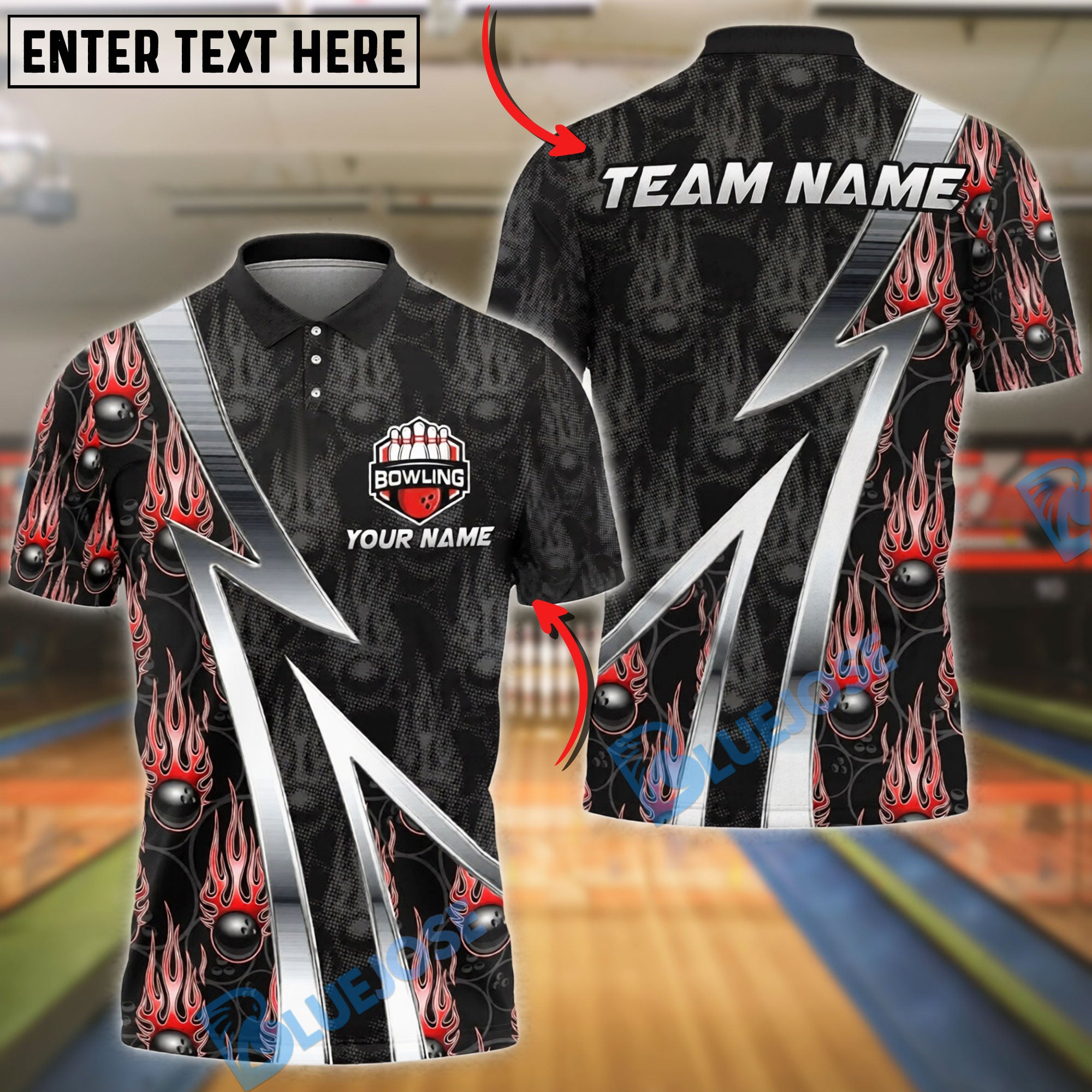 BlueJose Bowling And Pins Fire Ball Pattern Customized Name, Team Name ...