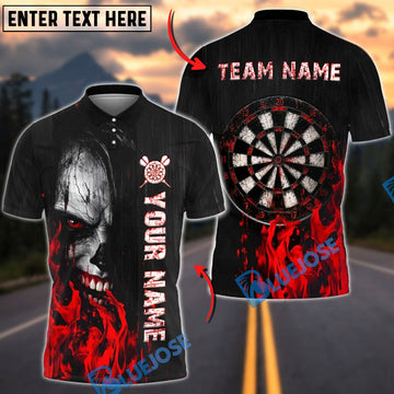BlueJose Darts Horror Zombie Face Flaming Dartboard Design Personalized Name, Team Name Unisex Shirt (4 Colors)