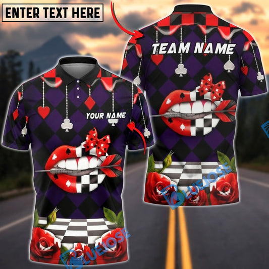 BlueJose Darts Card Suit Harlequin Roses Lips Personalized Name Shirt