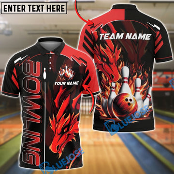 BlueJose Bowling & Pins Fire Dragon Strike Ball Customized Name, Team Name 3D Shirt (4 Colors)
