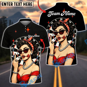 BlueJose Darts Pinup Girl Retro Style Multicolor Options Personalized Name Shirt (4 Colors)