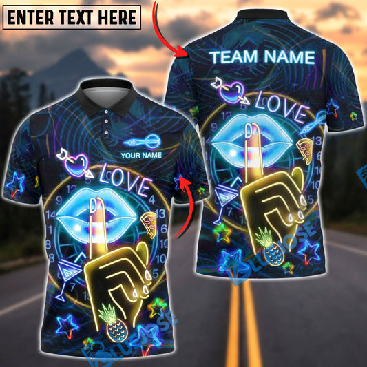 BlueJose Darts Neon Love Party Design Multicolor Options Personalized Name Shirt (4 Colors)