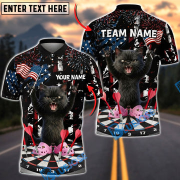 BlueJose Darts Patriotic Black Cat Dartboard Fireworks American Flag Personalized Name Shirt