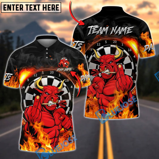 BlueJose Darts Red Bull Fire Personalized Name, Team Name Unisex Shirt (4 Colors)