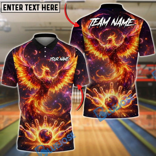 BlueJose Bowling And Pins Phoenix Firebird Strike Customized Name, Team Name 3D Shirt (4 Colors)