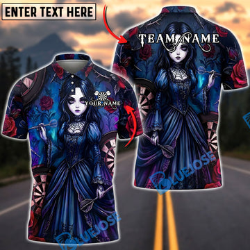BlueJose Darts Gothic Girl Roses Dartboard Personalized Name, Team Name Unisex Shirt (4 Colors)