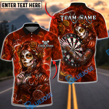 BlueJose Darts Sugar Skull Woman Roses Dartboard Personalized Name, Team Name Unisex Shirt (4 Colors)
