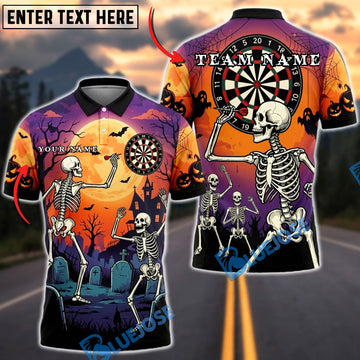 BlueJose Darts Halloween Skeleton Haunted Graveyard Full Moon Personalized Name, Team Name Unisex Shirt (4 Colors)