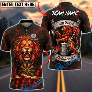 BlueJose Darts Play Darts Drink Beer Fire Lion Dartboard Fantasy Personalized Name, Team Name Unisex Shirt (4 Colors)