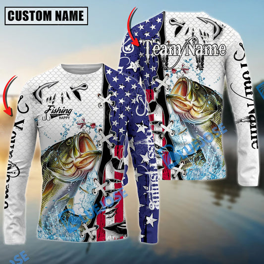 Bluejose Bass Fishing American Flag Splash Custom Name & Team Name 3D Shirts