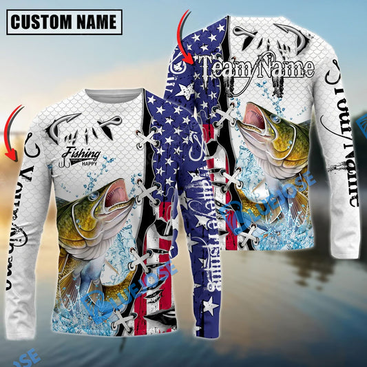 Bluejose Walleye Fishing American Flag Splash Custom Name & Team Name 3D Shirts