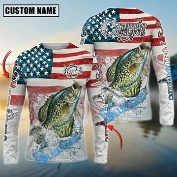Bluejose Crappie Fishing American Flag Splash Design Custom Name & Team Name 3D Shirts