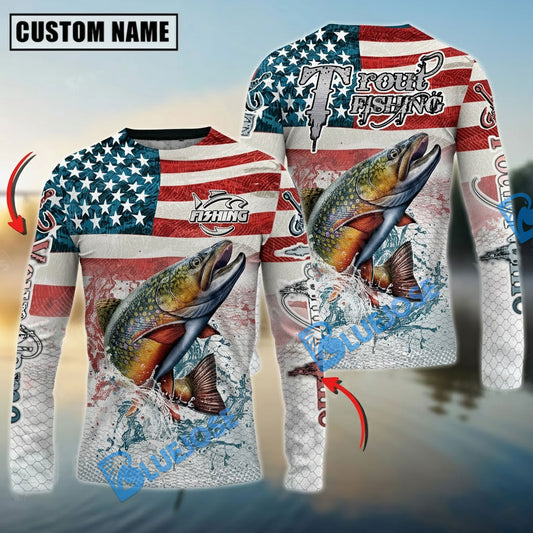 Bluejose Trout Fishing American Flag Splash Design Custom Name & Team Name 3D Shirts