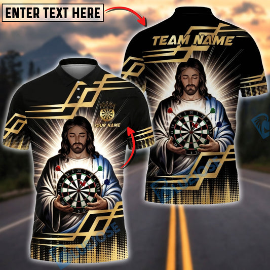 BlueJose Darts Jesus Holding Dartboard Sacred Halo Art Personalized Name Shirt