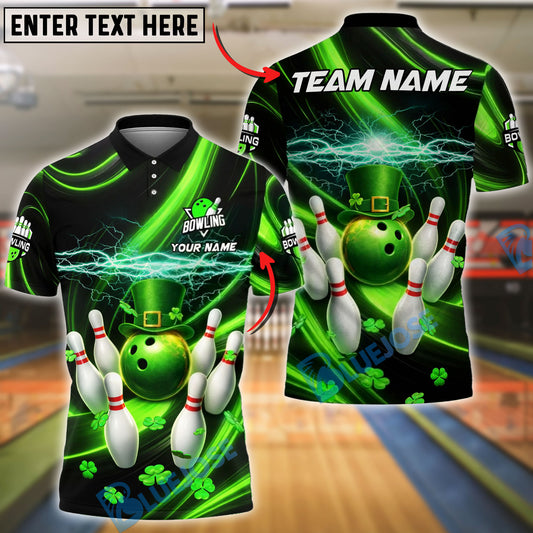 BlueJose Bowling St Patrick Irish Lightning Energy Strike Green Neon Personalized Name, Team Name 3D Shirt