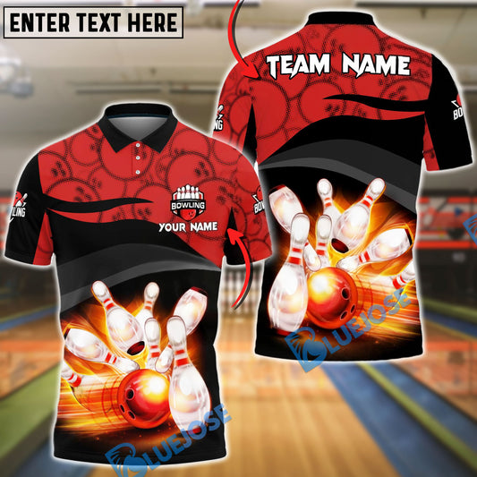 BlueJose Bowling & Pins Flaming Striking Gray Black Geometric Customized Name, Team Name 3D Shirt (4 Colors)