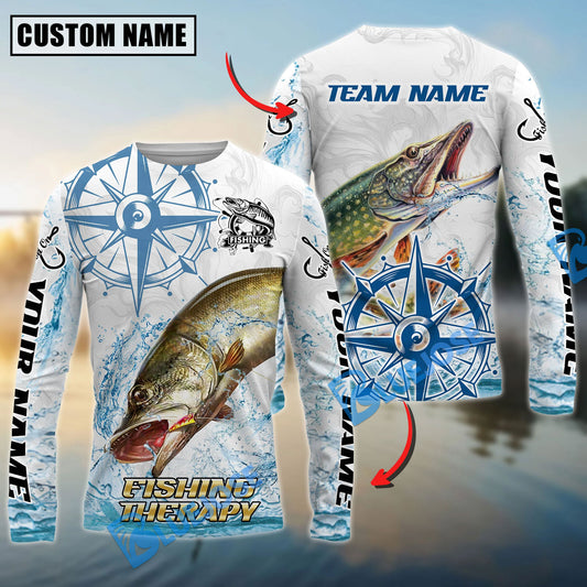 Bluejose Pike Fishing Compass Navigation Style Custom Name & Team Name 3D Shirts