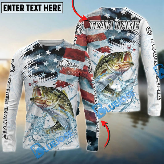 Bluejose Bass Fishing Patriotic Water Splash Theme Custom Name & Team Name 3D Shirts