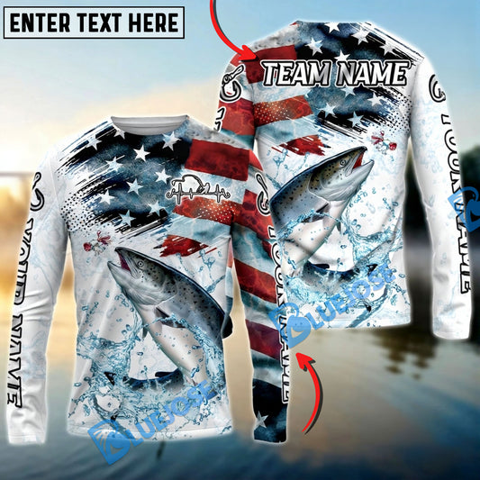 Bluejose Chinook Salmon Fishing Patriotic Water Splash Theme Custom Name & Team Name 3D Shirts