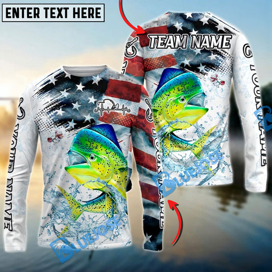 Bluejose Mahi-Mahi Fishing Patriotic Water Splash Theme Custom Name & Team Name 3D Shirts