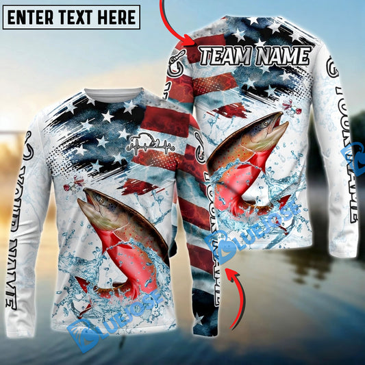 Bluejose Salmon Fishing Patriotic Water Splash Theme Custom Name & Team Name 3D Shirts